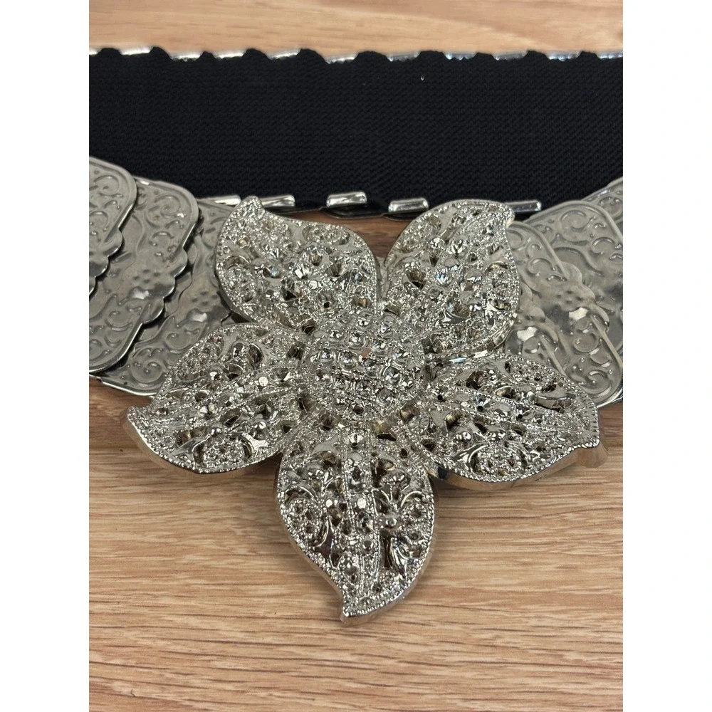 Stretchy Elastic Belt‎ Rhinestone Flower Buckle Silver Tone Glamorous Statement